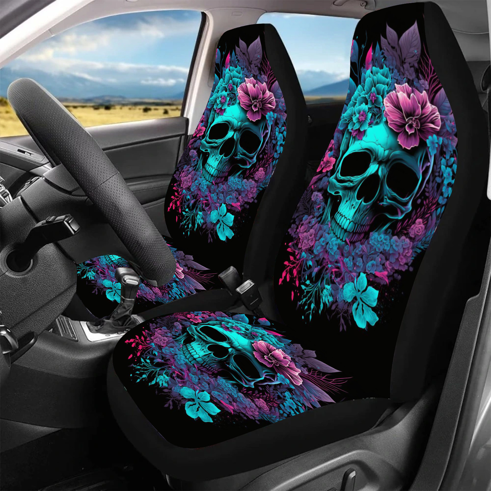 Pattern Canvas Car Seat Covers- 2pcs Set, Floral Print Front Seat Protector For Cars, Trucks, Suvs,, No Filler