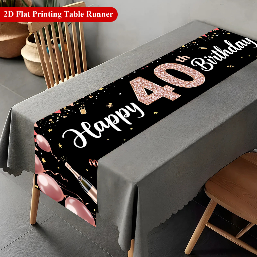 TEMU 1pc 2d Runner, 40th Birthday Celebration Balloon Fireworks Rectangular Table Runner, Holiday Table Decor For Home And Kitchen Dining, Holiday