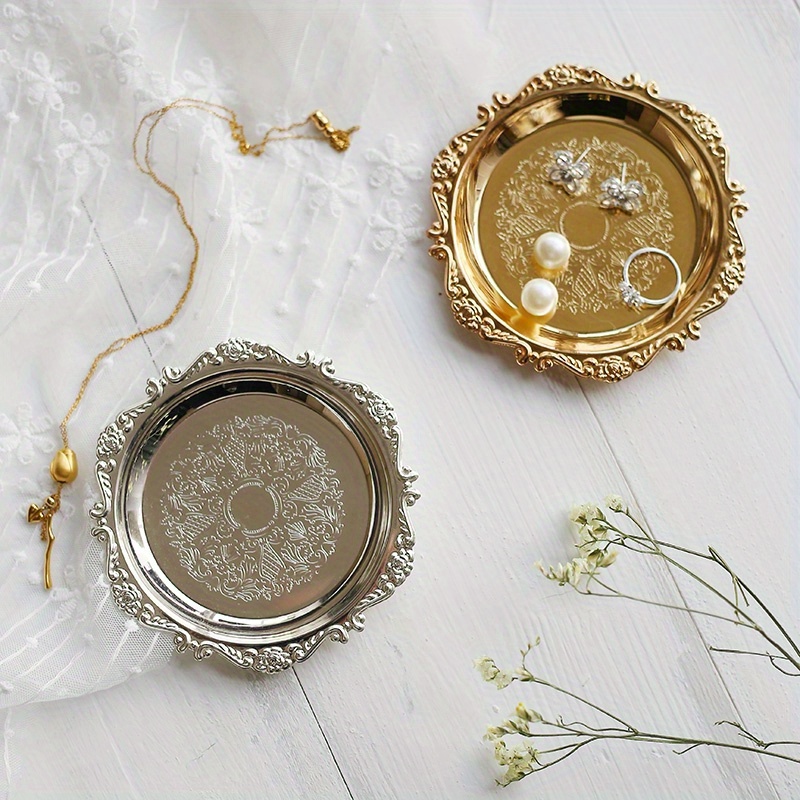 Image of 2pcs Metal Shell Storage Tray Round Glass Plate Jewelry Dish Earrings Ring Display Desktop Decor Photo Props, Jewelry Trays