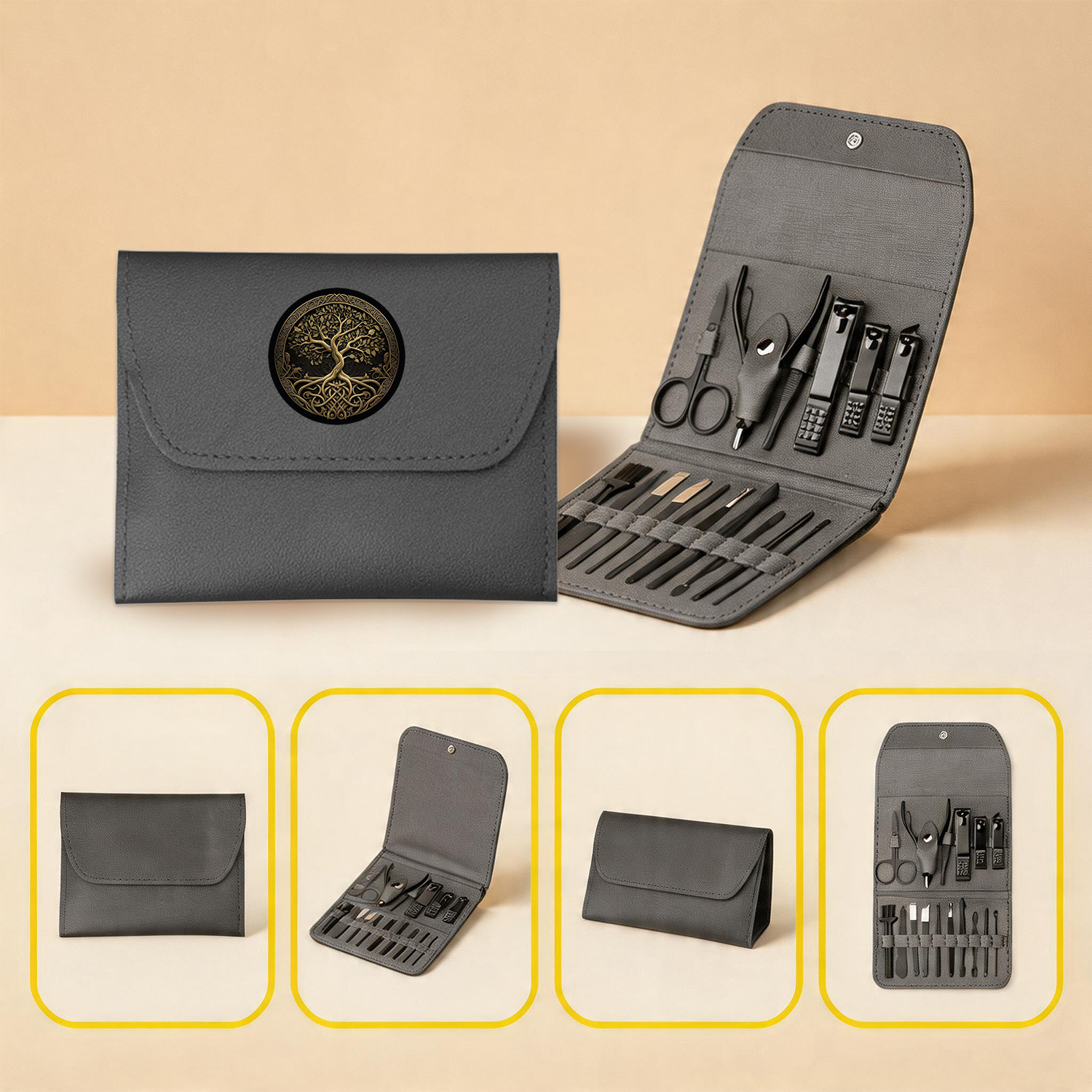 16pcs Tree of Life Nail Clipper Set with Folding Bag