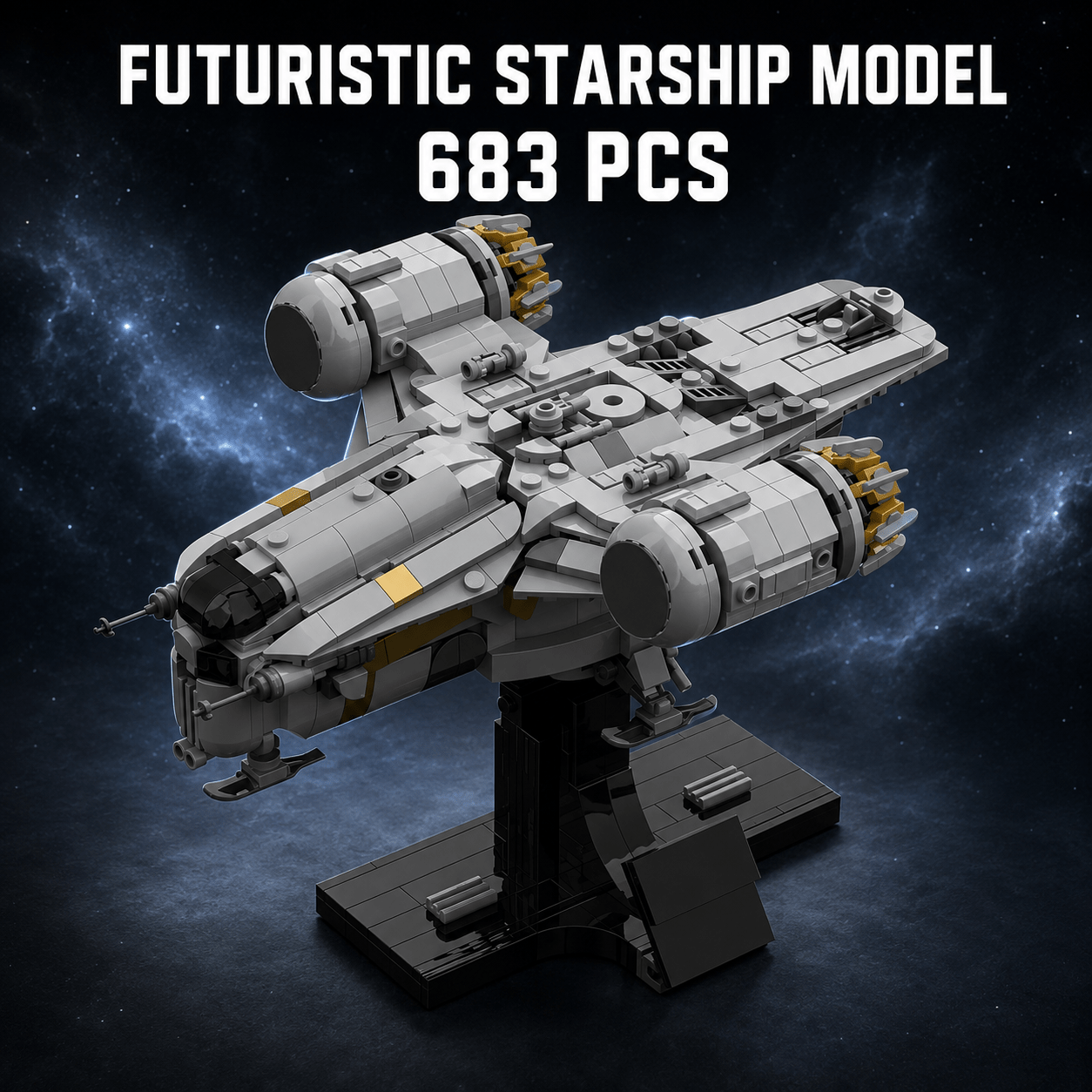 Image of 683pcs Futuristic Starship Model Building Kit, Compact Armored With Display Stand, Detailed Desktop Collection