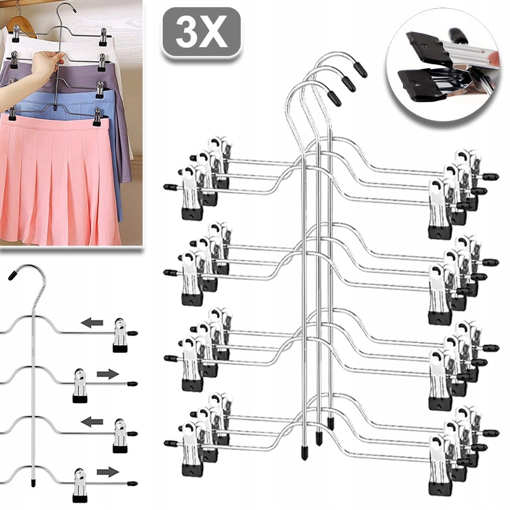 Image of Set Of 3 Trouser Hangers Featuring Clips, With 4 Tiers And 8 Detachable Non-slip Clips, Suitable For Skirts, Jeans, Towels, And Shorts