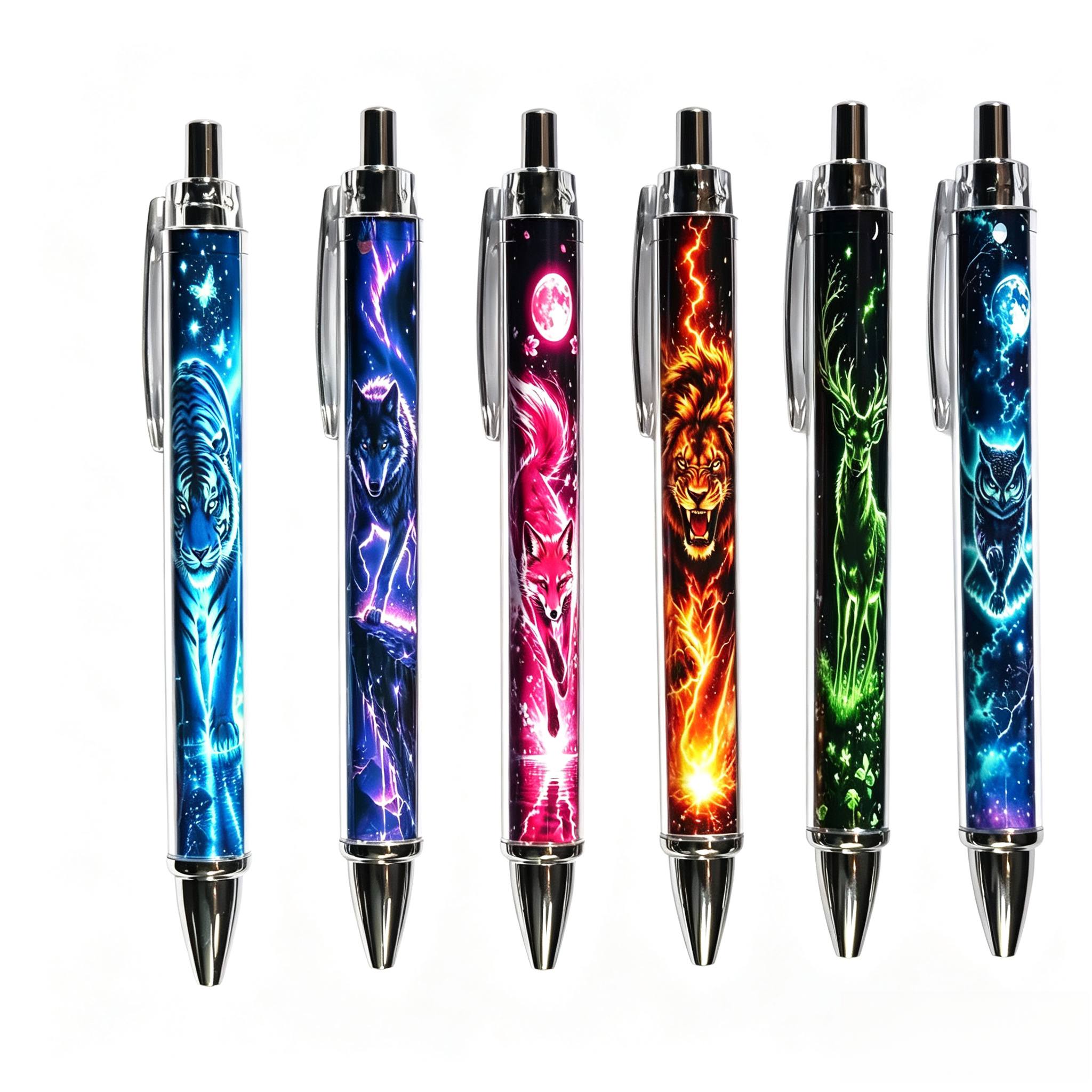 Image of 6-pack Neon Lightning Retractable Pens With Tiger, Wolf, Lion, , Elk& , Smooth Writing, Ideal For School, Office, Men's Gifts& Stationery Favors