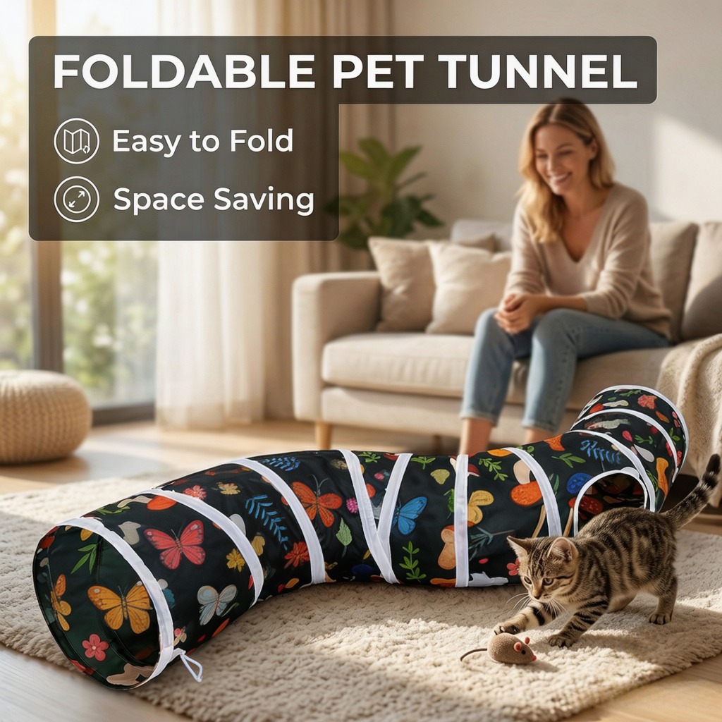 TEMU Tunnel pour chat pliable , 1 pièce, avec joli imprimé papillons et fleurs, tube de jeu pliable pour animaux de compagnie avec trou pour