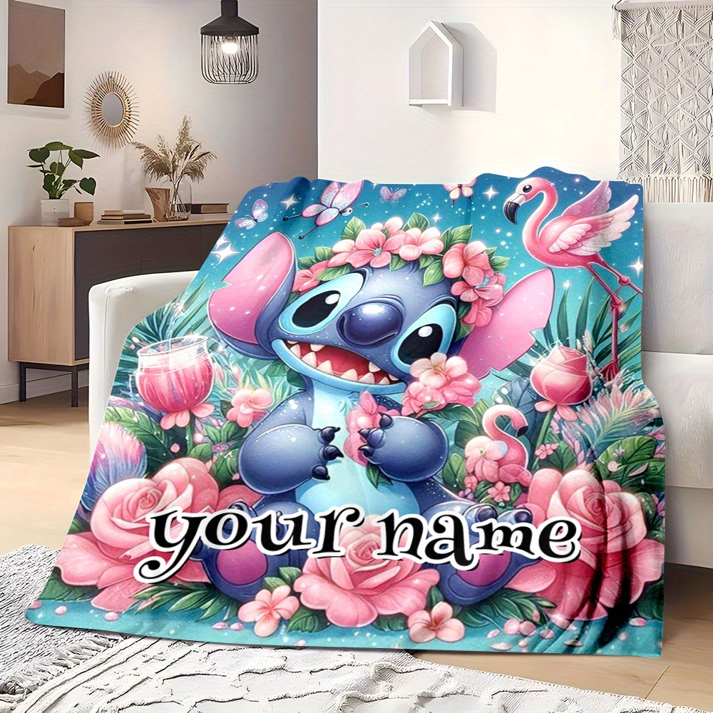 

1pc Stitch Customizable Flannel Blanket - Soft Warm Throw For Sofa, Office, Bed, Camping Travel - Tropical Cartoon Design With Personalized Name Option - Perfect Gift For All , Personalized Blanket