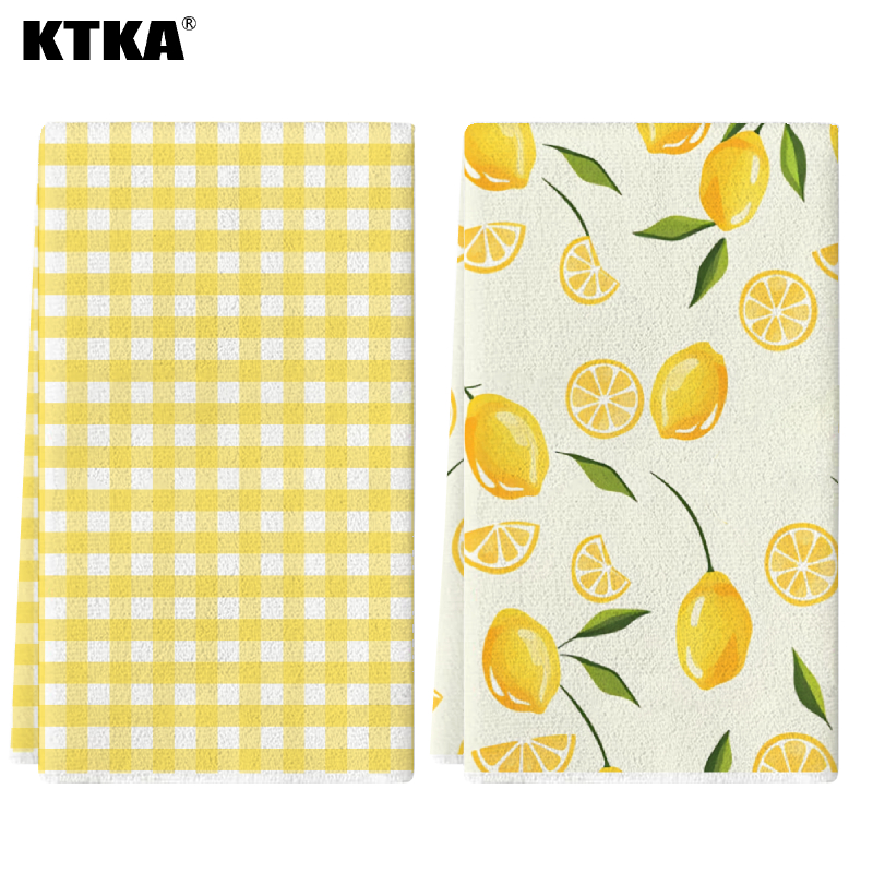 TEMU Cleaning Cloth 2pcs Kitchen Towel Set, Yellow Checkered Lemon Pattern Printed Kitchen Towels, Cleaning Cloths, Neighbor Gifts, Mother's Gifts,