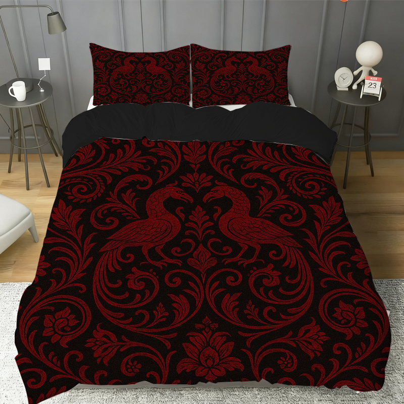 TEMU 3pcs Red And Black Phoenix Pattern Printed Duvet Cover Set (includes 1 Duvet Cover And 2 Pillowcases, Comforter Not Included) | Ideal For