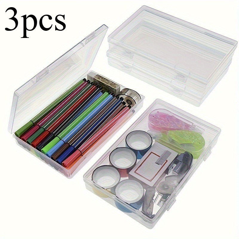 TEMU 3pcs Transparent Stationery Boxes: Rectangular Plastic Clear Organizers For Home And Office Supplies - Back To School Essentials