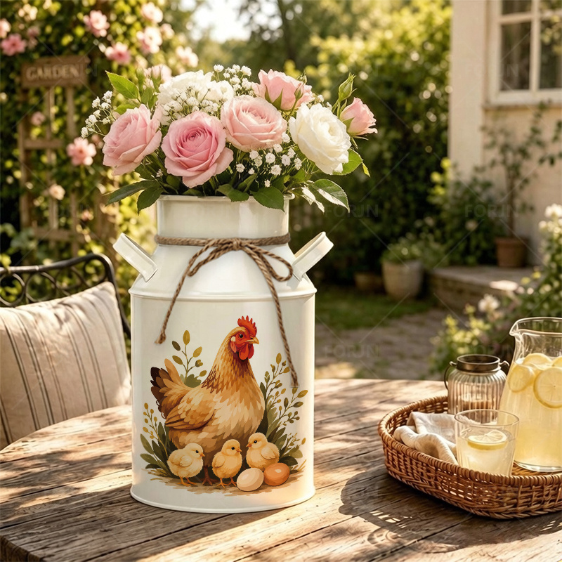 TEMU Vase en fer 1 pièce, motif scène de famille de poules, décorations de style , de pot à lait de style ferme rétro, vases de décoration intérieure