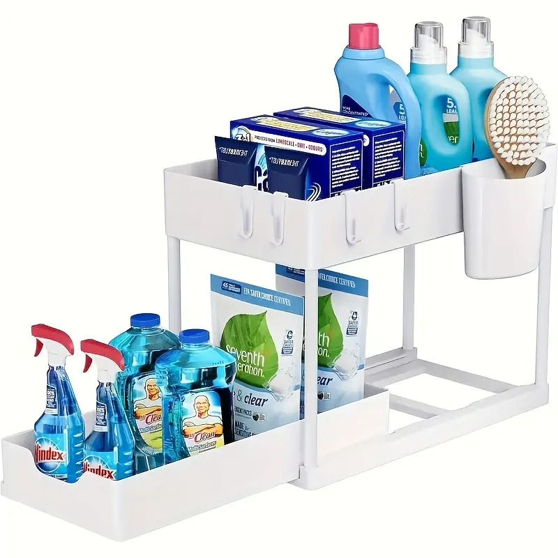 2-Tier Large-Capacity Pull-Out Storage Organizer - Durable Plastic Space-Saving Design with Easy-Access Drawers for Kitchen, Bathroom & Home Organization - Multi-Compartment Storage for Cleaning Supplies, Toiletries, Cosmetics - Modern Home Organization Solution, Bathroom Organizers And Storage, Sleek Design, Sturdy Construction, Pullout Organizers
