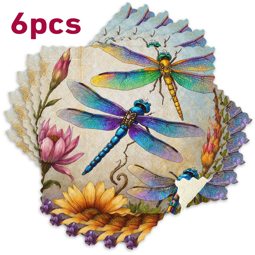 TEMU 6pcs 2d Printed Kitchen Dish Towels, A Pair Of Colorful Dragonfly Patterns, Reusable Cleaning Cloths, Abstract Art Painted Microfiber Scouring