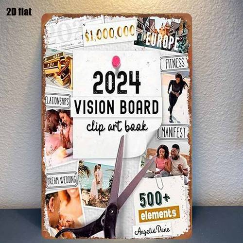 1pc tin sign 2024 vision board clip art book 500 elements for your perfect yearly planner suitable for bedroom bar garage garden and outdoor decor