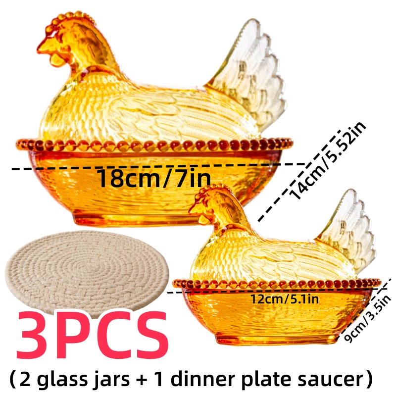 TEMU 3pcs Elegant And Durable Chicken Shaped Glass Storage Jar With Lid And Tray Pad - Local Warehouse Table Or Desk Decoration, Reusable - Perfect