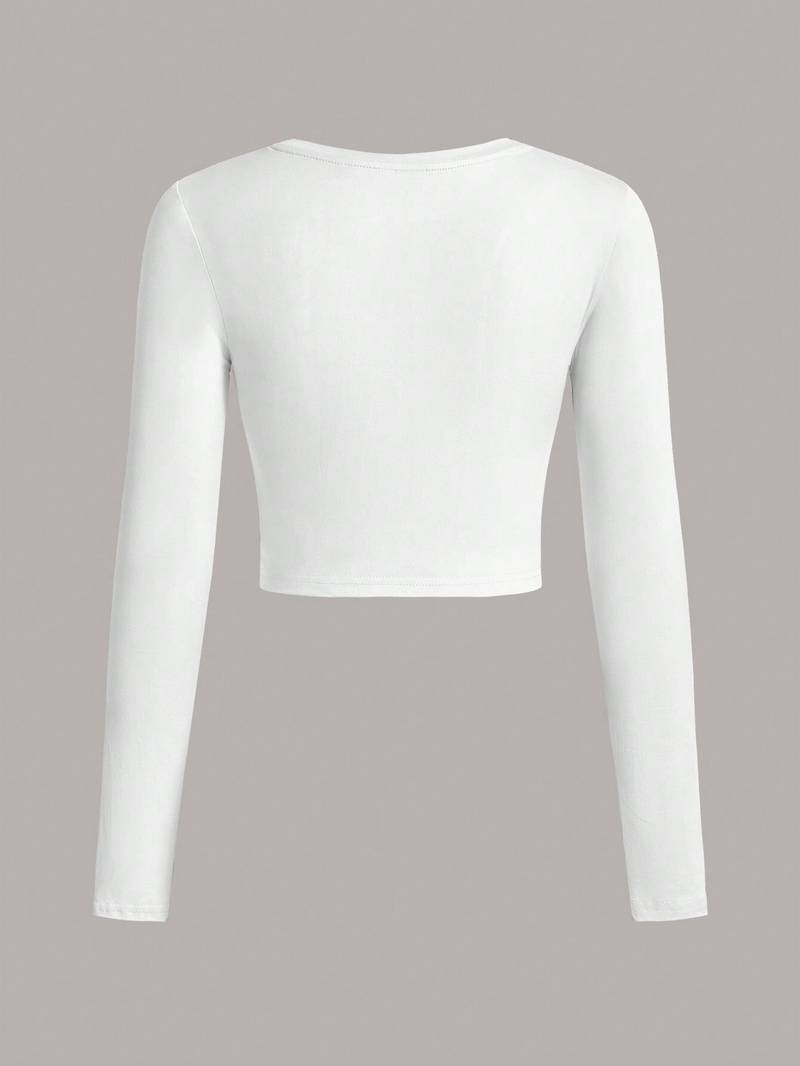 T-shirt Femme 2024 à Nouer Devant - Manches Longues, Col Rond - Tissu Synthétique (polyester) - Coupe Courte, Couleur Unie