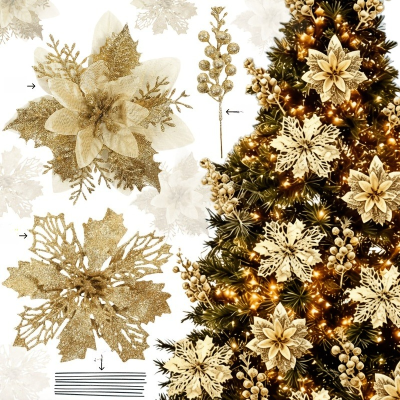 TEMU 30pcs, (12 Flowers And 6 Fruits And 12 Sticks) Premium Champagne Golden Christmas First-class Red Artificial Flowers And Sequined Decorations