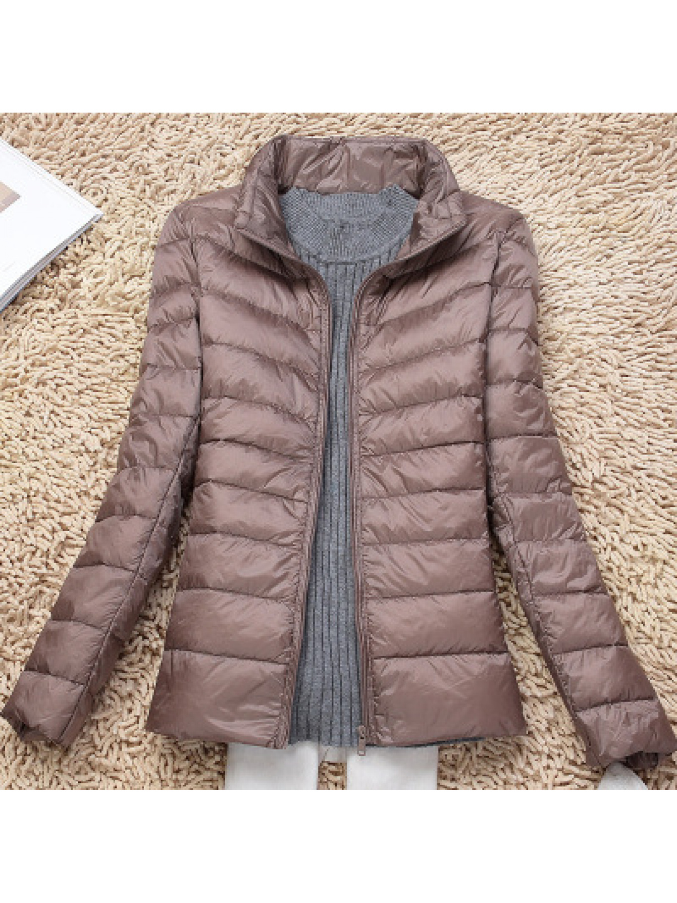 womens korean style lightweight down jacket beige neutral tone coat friendly winter outerwear   stand collar full length zipper closure machine washable cold weather jacket for everyday formal events beige coat for women jacket for women winter coats for women high quality down filled high neck lightweight winter jacket women winter coats for women plus size thick winter long jacket for women jackets for women winter elegant