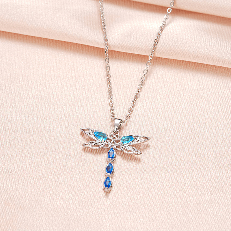 Women's S925 Silver Dragonfly Pendant Necklace with Cubic Zirconia