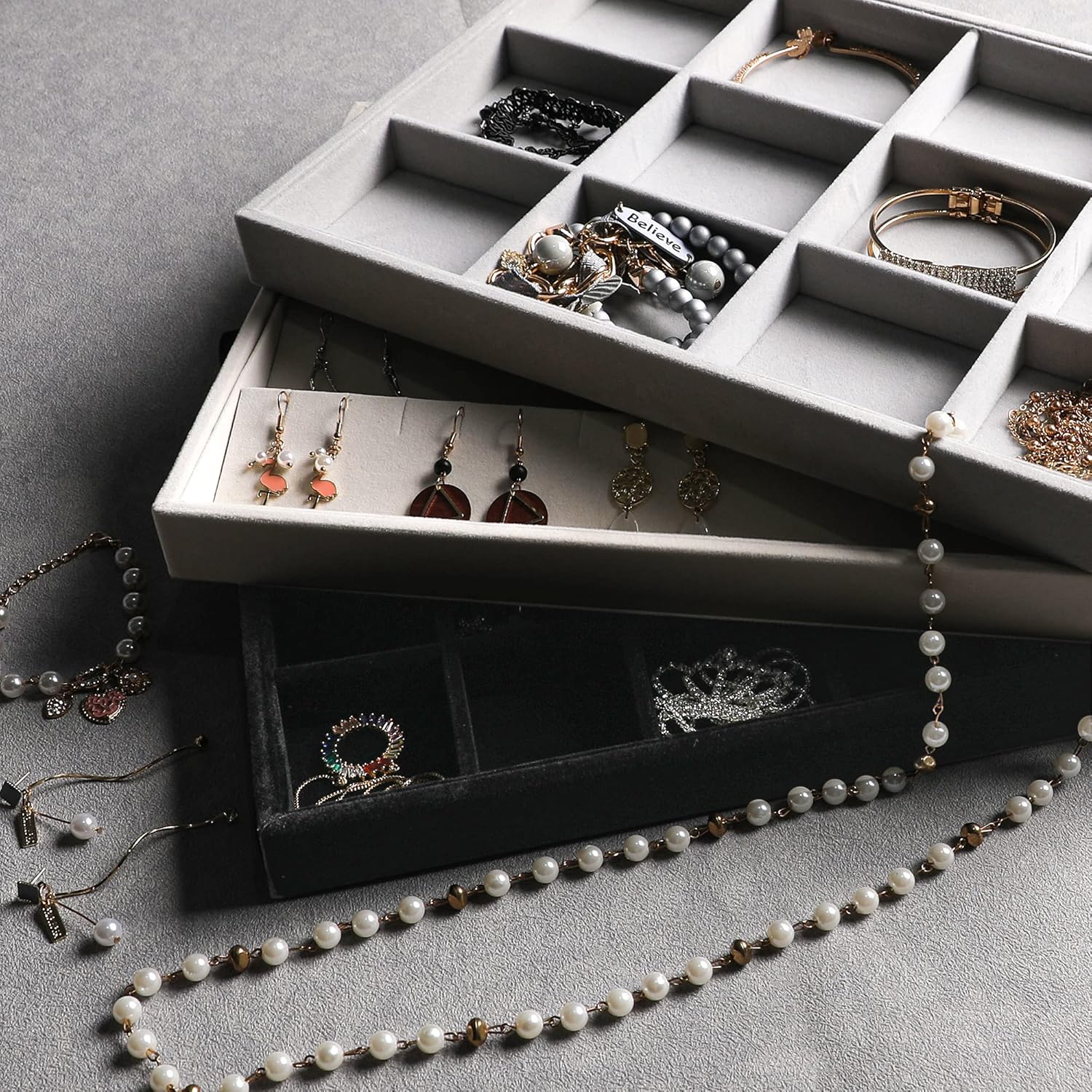 4pcs Large Stackable Velvet Jewelry Trays, Gift for Her