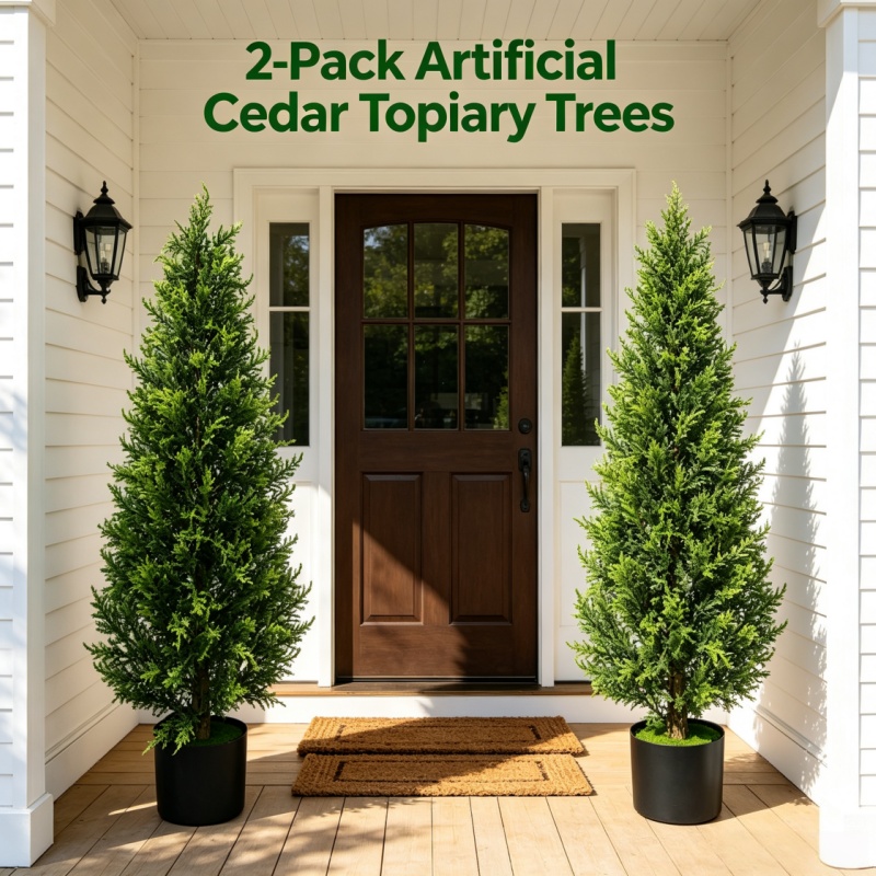 TEMU 2-pack Artificial Potted Cedar Trees, Realistic Faux Topiary Plants With Full Foliage For Front Door, Porch, Hallway, Or Patio, Evergreen