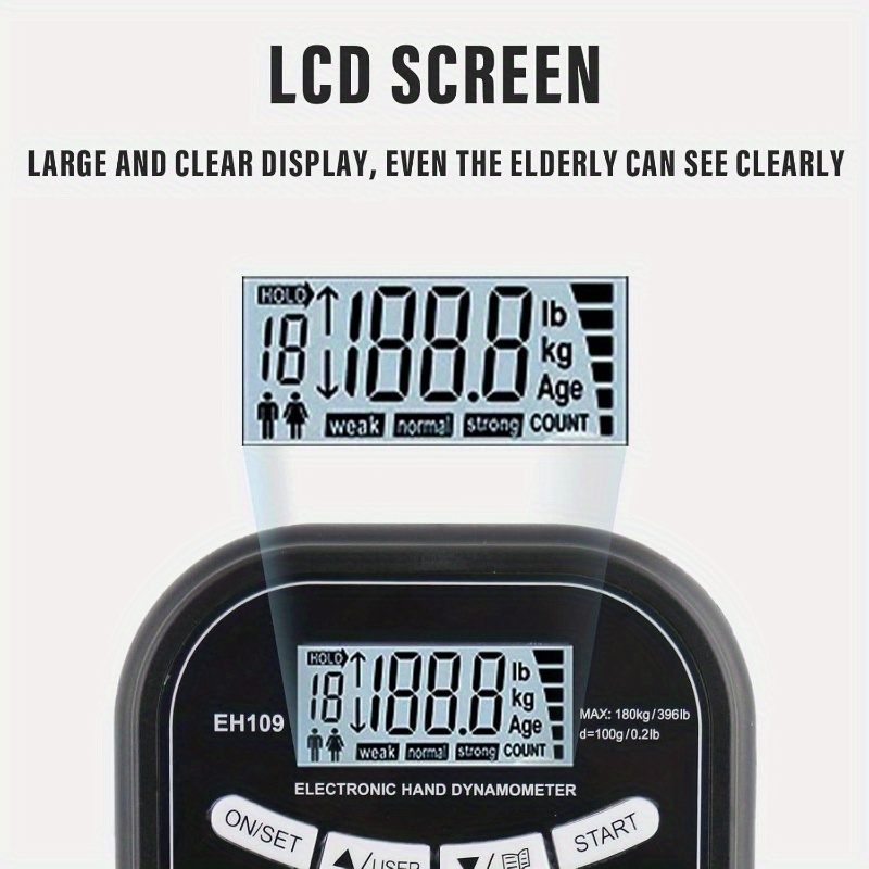electronic hand dynamometer 400lbs/180kg adjustable   grip strength tester & trainer set - portable electronic counting grip with lcd display,   for home gym, fitness training, and  , grip strength tester,   tool, sleek device, durable construction Product details 2