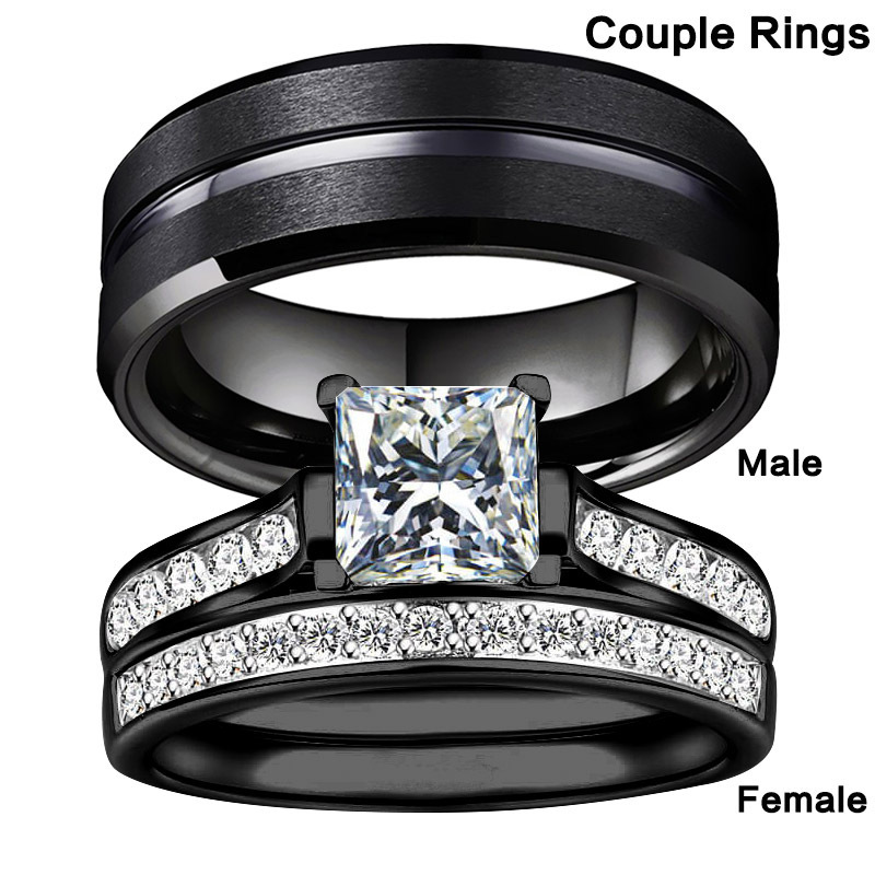 

Elegant Couple's Promise Rings Set - Bands With Sparkling Cubic Zirconia, Design For Men And Women