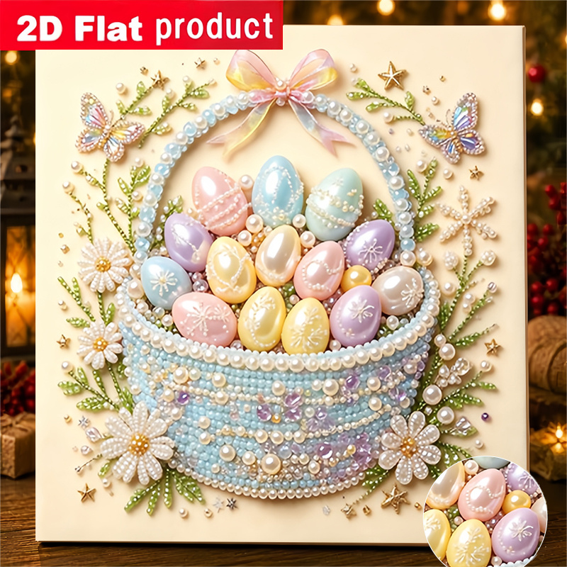 TEMU 2d/flat Printing Diamond Painting Easter Egg Basket Handmade Glue Diamond Creative Diamond Painting Kit, With Tools And Pearl Diamond Bag,