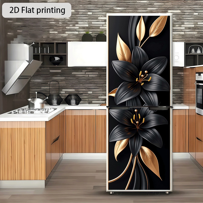 Image of 2d Flat Printing 1pc Black Golden Lily Theme Design Self-adhesive Wall Sticker Wallpaper Suitable For Cabinets And Wardrobes, Modern Kitchen Decor Home Sticker Refrigerator Sticker 60×180cm, 2d Flat