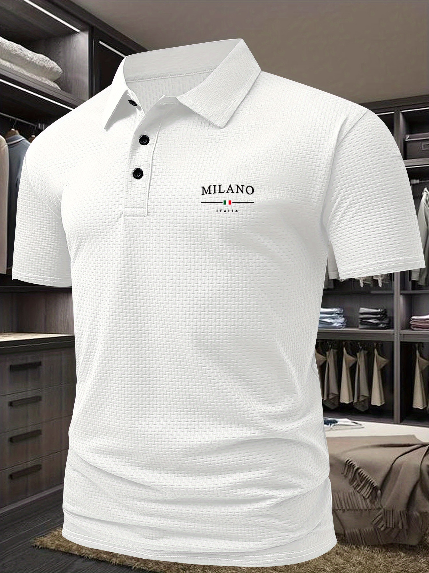 Milano Men'S Casual T-Shirt - Breathable Regular Fit Short Sleeve Shirt with Geometric Print, Button-Up Collar for Summer Comfort & Casual Attire, Comfortable Clothing, Easycare Material
