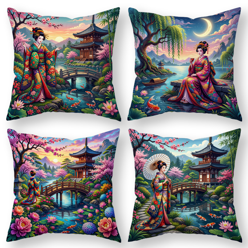 TEMU 4pcs Japanese - Style Throw Pillow Covers, Decorative Cushion Cases, Geisha And Japanese Garden With Cherry Blossoms, . Versatile Pillow Shams
