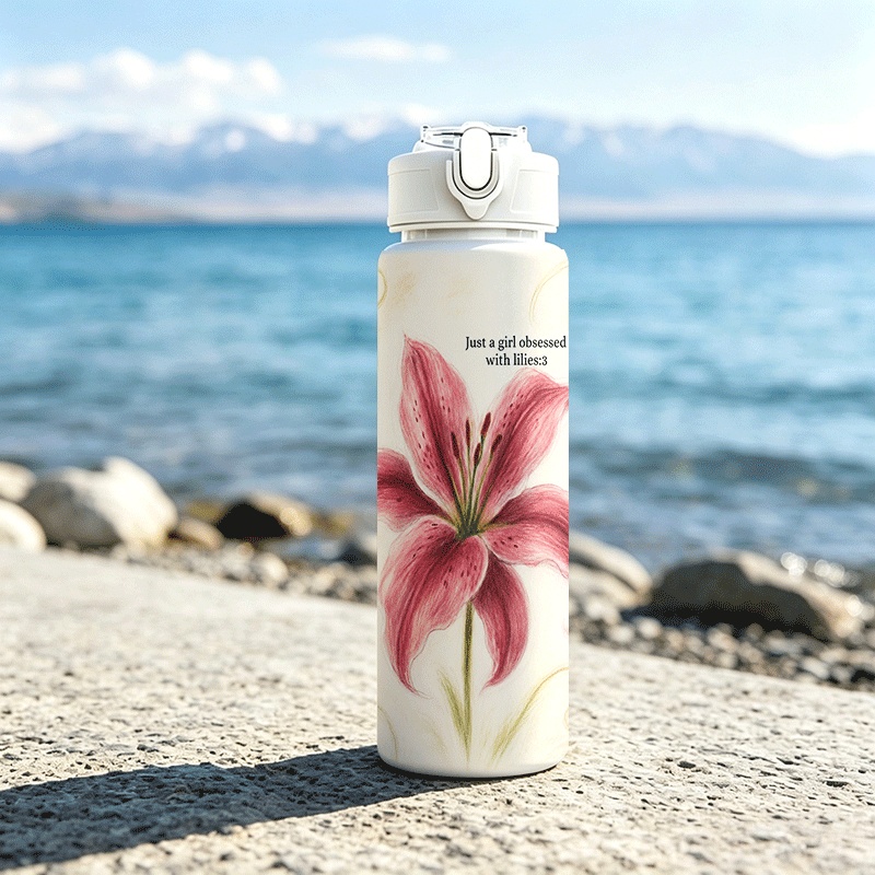TEMU 1pc 25oz/ 750ml 2d Printed Water Bottle With Lid And Straw Travel Drinking Cup A Delicate Light Drawing With Decorations, Showcasing For This
