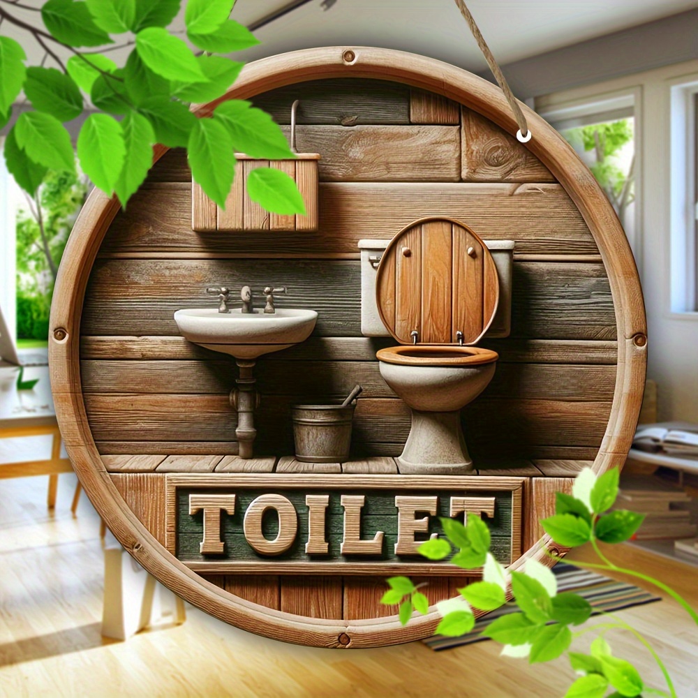 

8-inch Round Wooden Toilet Sign - Wall Decor For Bathroom, Entryway & Porch | Artificial Timber With | Perfect Family Gift, Garland, Multifunctional Wall-hung Decorations, Entrance