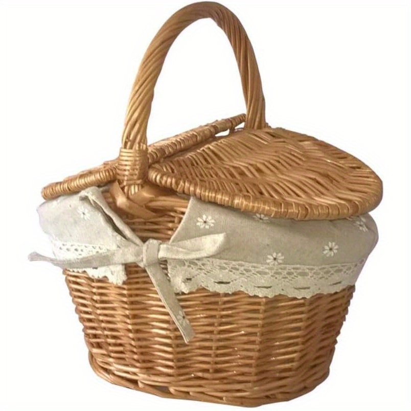 1pc Oval Wicker Picnic Basket with Lid, Handmade Wicker Storage Basket with Handles, Daisy Lining, Ideal for Camping, Weddings, and Outdoor Events, Picnic Basket