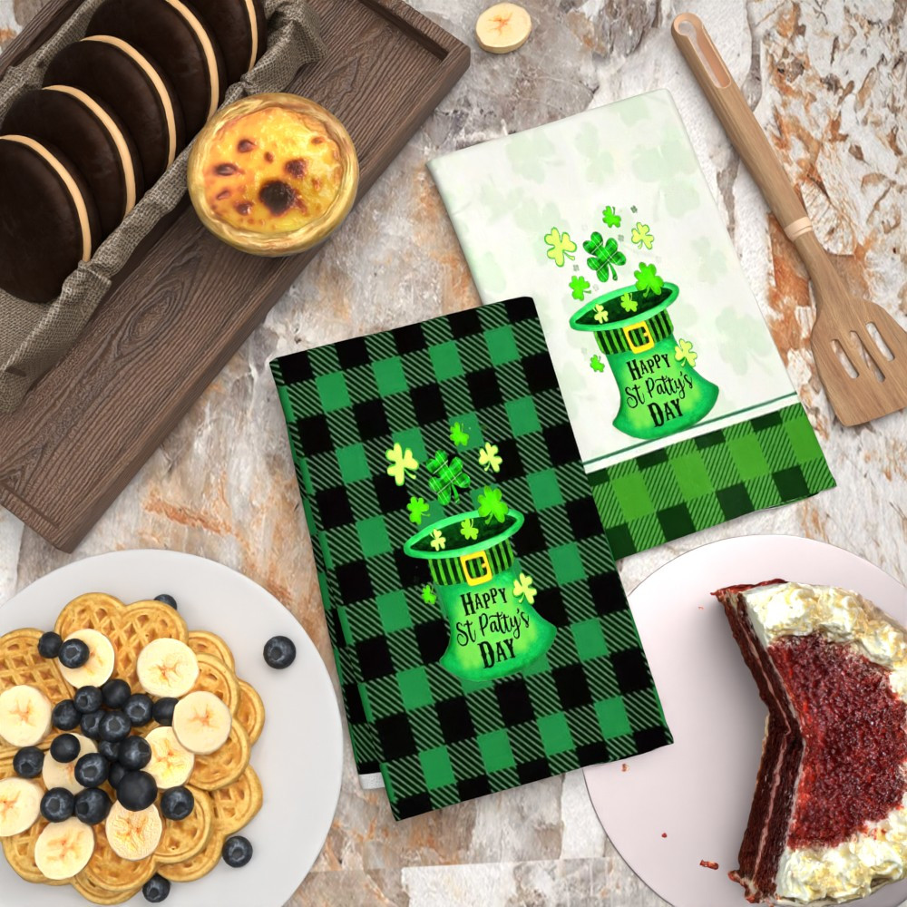 2pcs     s day tea towels - 45.72x66.04cm  ,   absorbent polyester dish towels with leprechaun hat & shamrock design, ideal for home & gift, festive kitchen decor, kitchen towels details 2