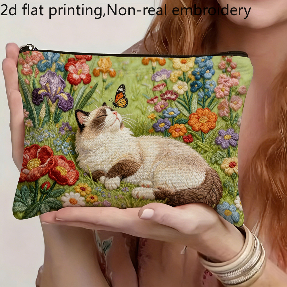 TEMU 【商品名】猫と蝶のデザインが可愛い両面プリントのメイクアップバッグ。リネン素材を使用し、便利な付きで、コスメ、文具、小物、パーソナルアイテムなどの収納に最適です。