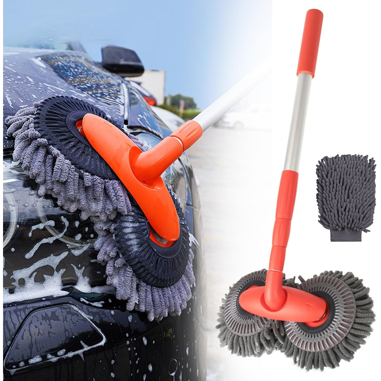 TEMU 114cm Pole Length Car Wash Brush With Stem, Telescopic Style Wash Brush, Car Wash Mop Glove With Length Adjustable Long Grip And 360 Rotary