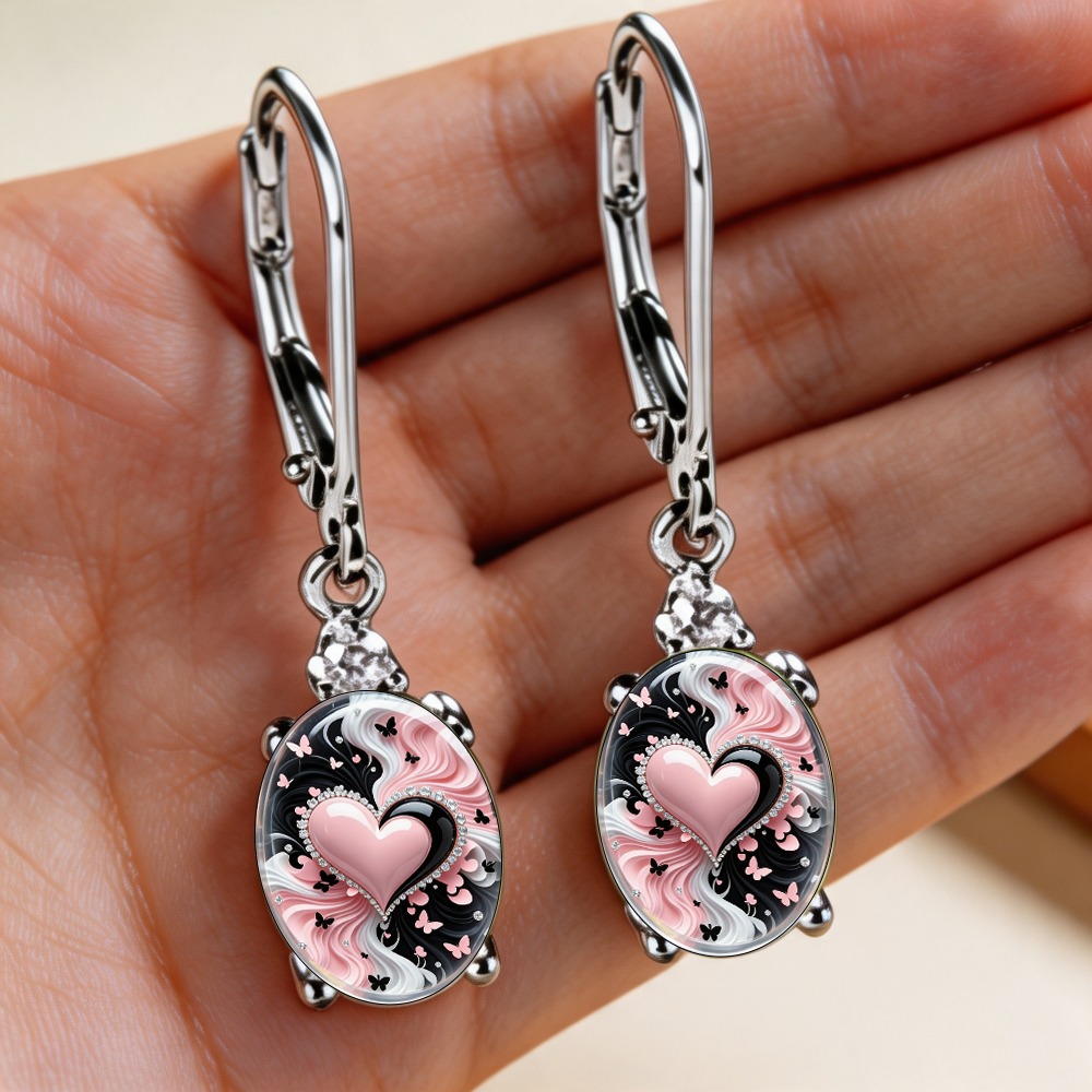 TEMU 2pcs Set Retro Sweet Print Earrings, Black White Pink Gradient Resin Ear Hooks For Women, Daily Wear And Holiday Gift Jewelry, Oval Drop Lever