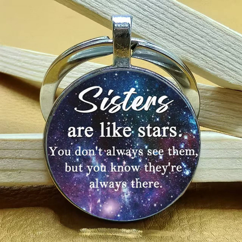 

Blue Starry Background Round Alloy Keychain-sister's Are Message Print, For Friend And , & 's Day Present, Circular Key Accessory