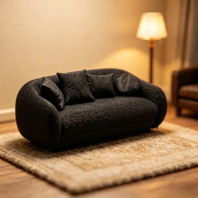 TEMU 1pc 1:12 Scale Miniature Black Sofa With Throw Pillows, Dollhouse Living Room Furniture Decor Additions