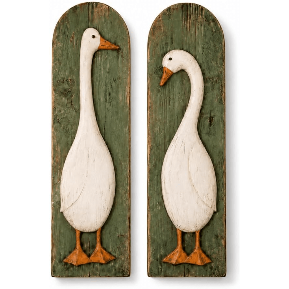 Image of Rustic Goose Wall Art Set Of 2 Raised Goose Design Weathered Finish Natural Wood Texture Pre-drilled Holes Kitchen Bathroom Housewarming