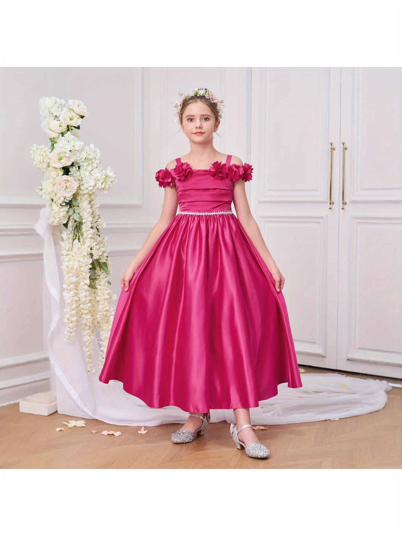 girls semi formal dress kids cute a-line crewneck long chiffon wedding prom  party gowns | Today's Deals | Temu