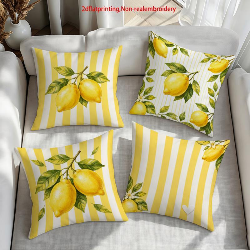 TEMU Lot de 4 housses de coussin décoratives sur le thème du citron, base à rayures jaunes et blanches, imprimés aquarelle de citron et de feuilles,