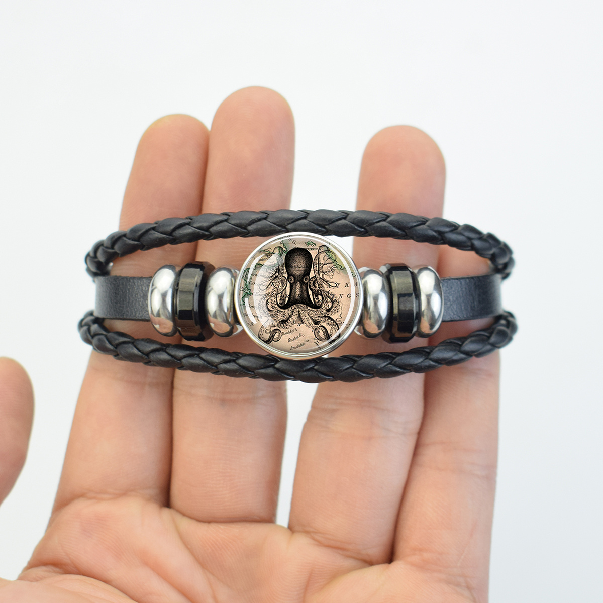 Ocean-Themed Black Braided Bracelet with Marine Animal Patterns