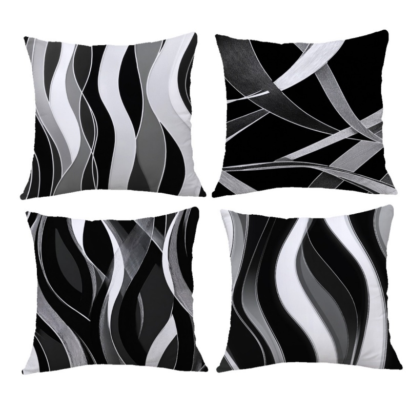 TEMU 2d 4pcs Black White Gray Abstract Line Pillow Covers, Modern Minimalist Wave Single-sided Print, Polyester No Insert, , For Sofa Living Room