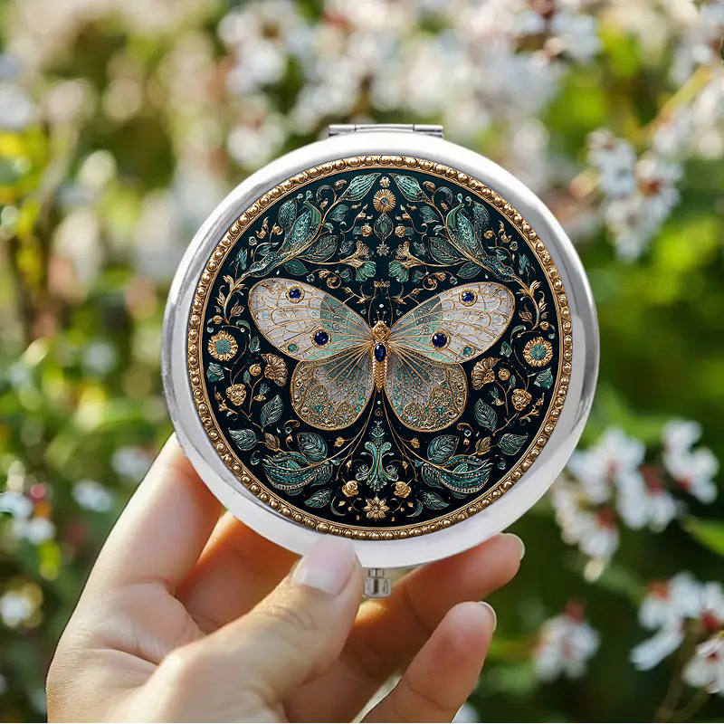TEMU 1pc 2d Flat Vintage Ornate Makeup Mirror Featuring Intricate Patterns And Gemstone Accents Perfect As A Birthday Gift Or Accessory, 2d Flat