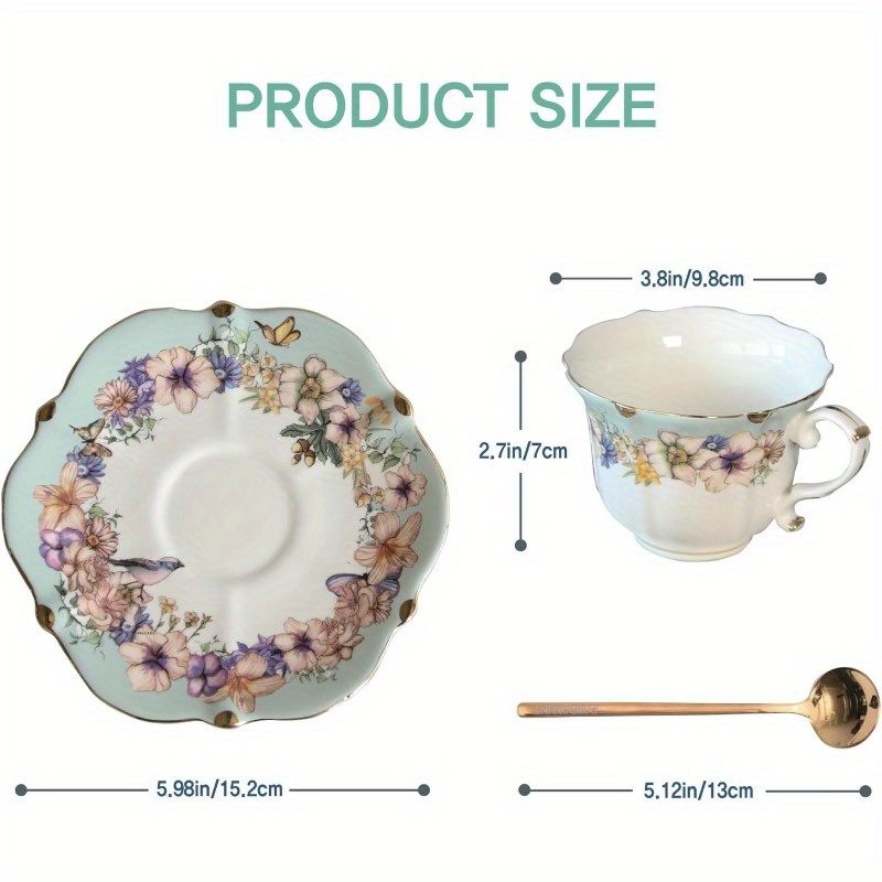 1 set   floral porcelain tea cup and saucer set with spoon   elegant teal   design 6 4oz cup saucer comfortable handle stable saucer for tea coffee espresso durable   for   special occasions  ge   tableware Product details 1