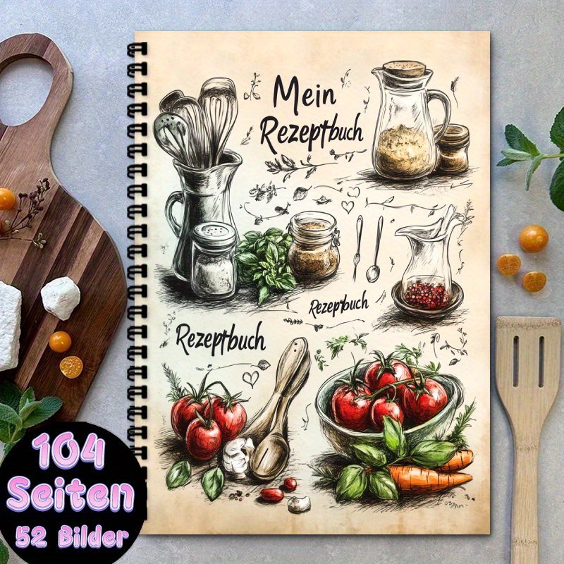 1pc A5 Fun German Recipe Notebook - Blank Personal Recipe Notebook, Black Spiral Bound, To 100 Recipes. Homemade Menu Health Recipe Planner, Recipe Collection Book For Men And Women