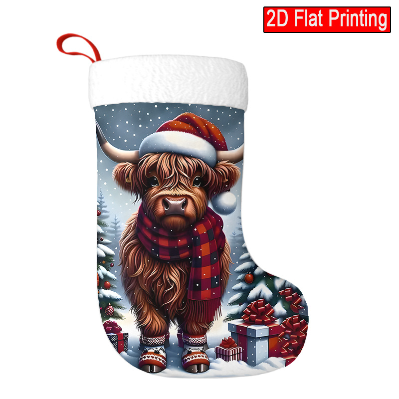 TEMU 1pc Scottish Highland Cow Christmas Stocking & Gift Bag Decoration - Plaid Cow In Santa Hat & , No Feathers, Durable, -ear Design For Xmas Tree,