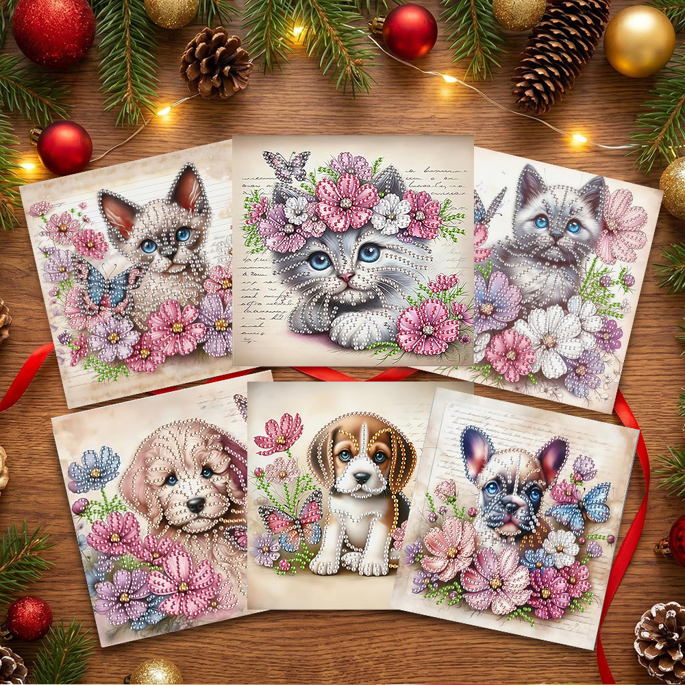 TEMU 6pcs Diamond Painting Greeting Card Kit - Pets (), Flowers | With Handmade Cards | Elders, Family, | Unique Handmade Gift Set With Envelope