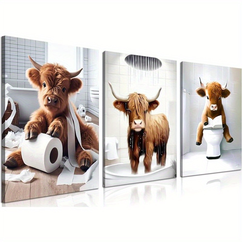 E-shop 2D Flat, 2D Flat, Lustige Highland Kuh Badezimmer Leinwand Wandkunst, 3-teiliges Braun Kuh Tierdruck, Rustikaler Vintage Bauernhaus Stil