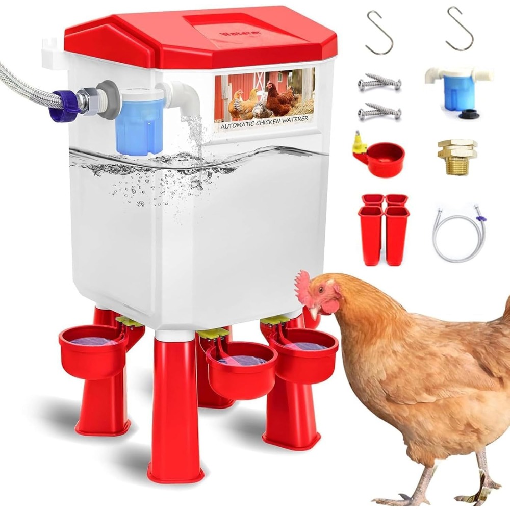 Image of Household Farm Poultry Waterer, 7l Tall Red Hanging Chicken Duck Goose Watering Feeder, Automatic Water Dispenser With 1.5m Water Hose And 3 Conversion Adapters, Livestock Breeding Supplies